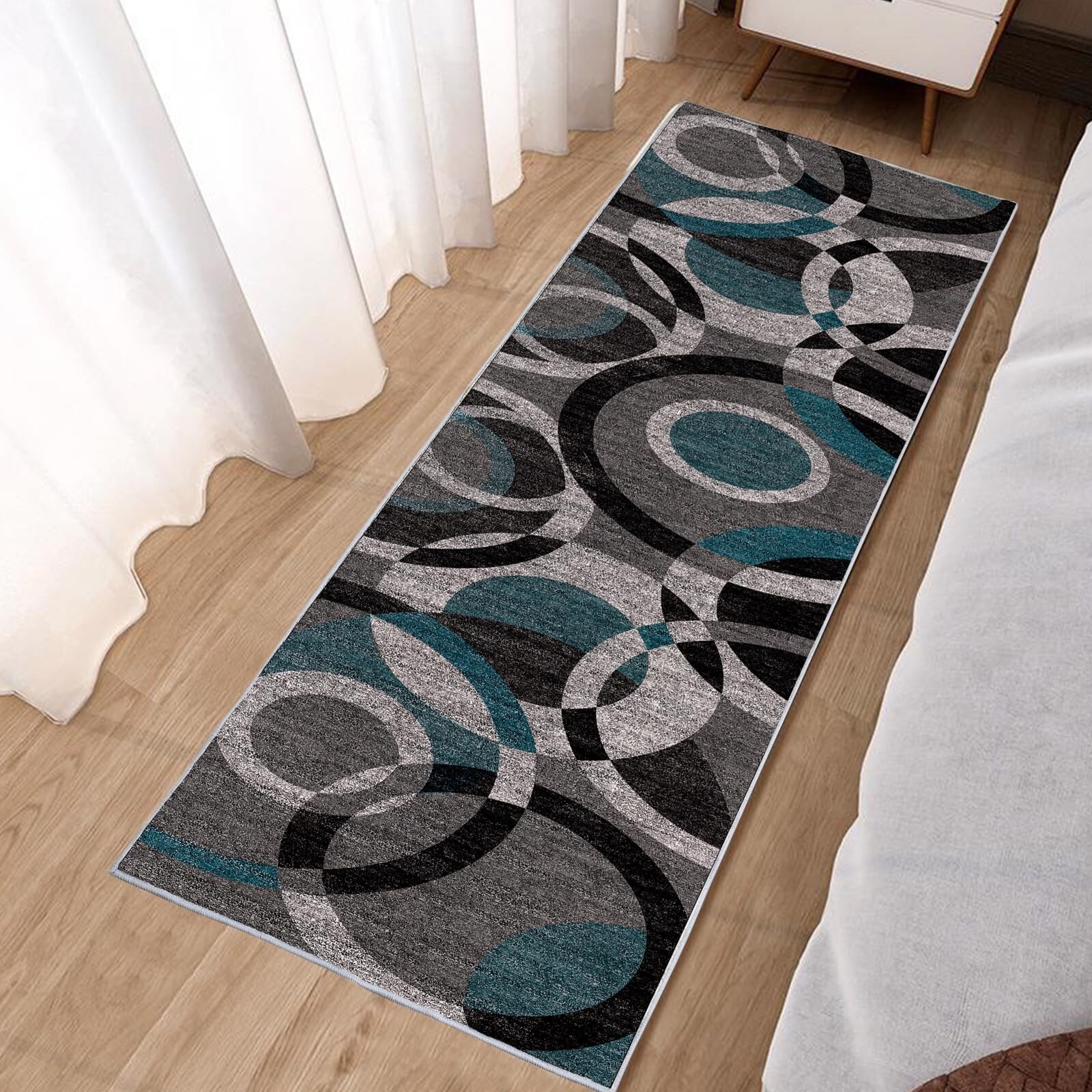 Washable Modern Blue Black Grey Runner Rug – 2×8 Feet Soft Faux Wool Rug Abst…