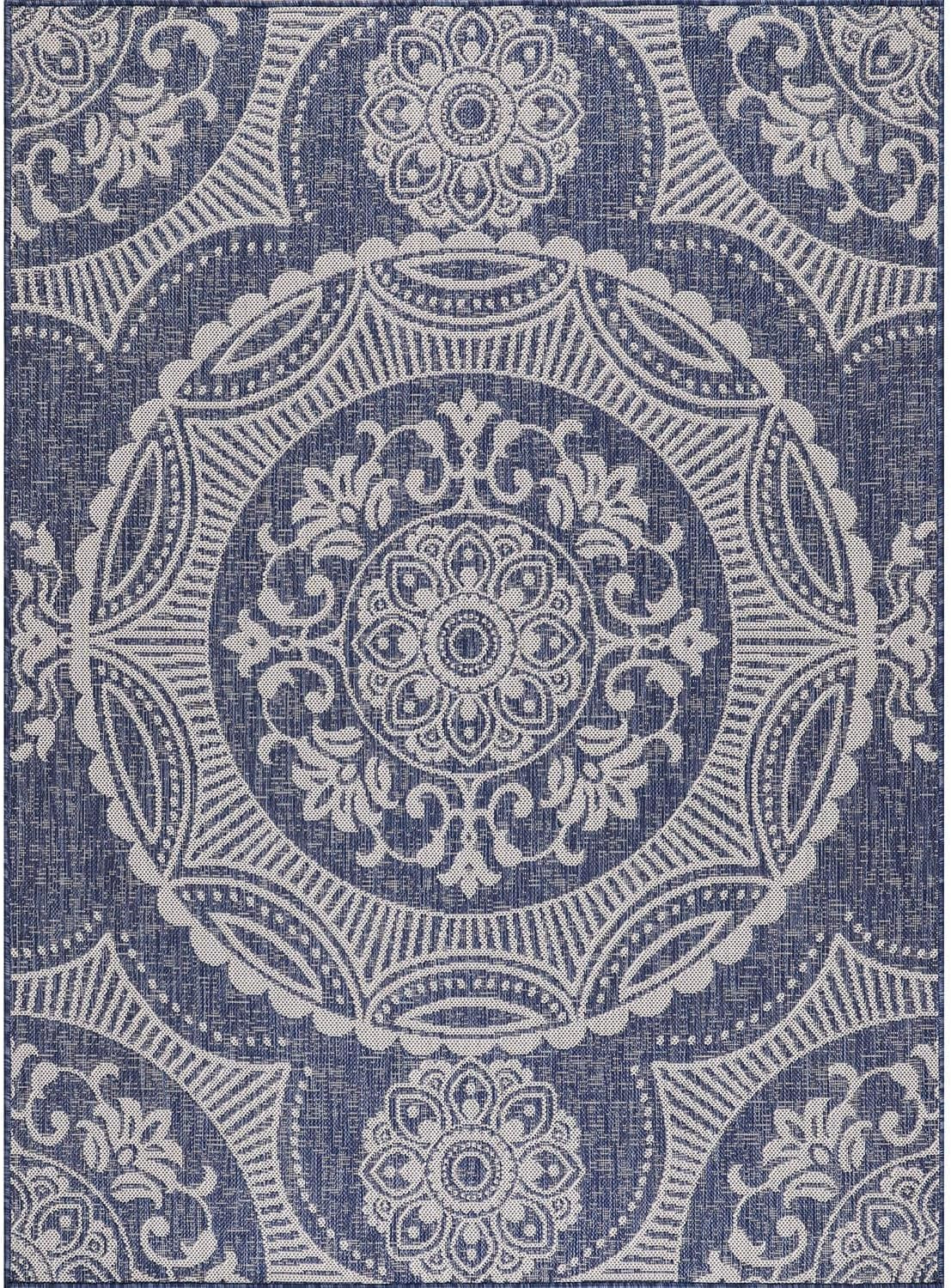 Blue Medallion Outdoor Rug 6×9 – Washable, Waterproof, Easy Clean Area Carpet