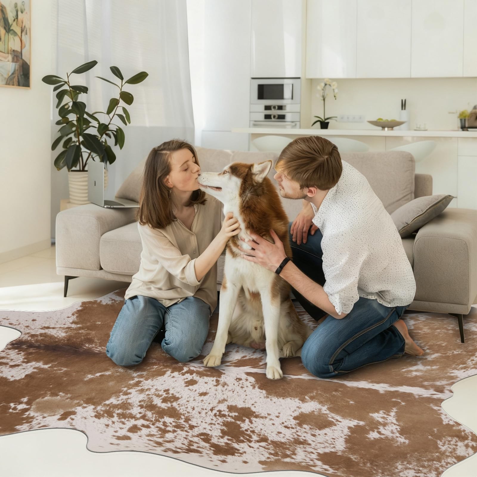 Faux Cow Hide Rug 4.6×5.2 Ft Brown Cowhide Carpet Western Living Room Decor