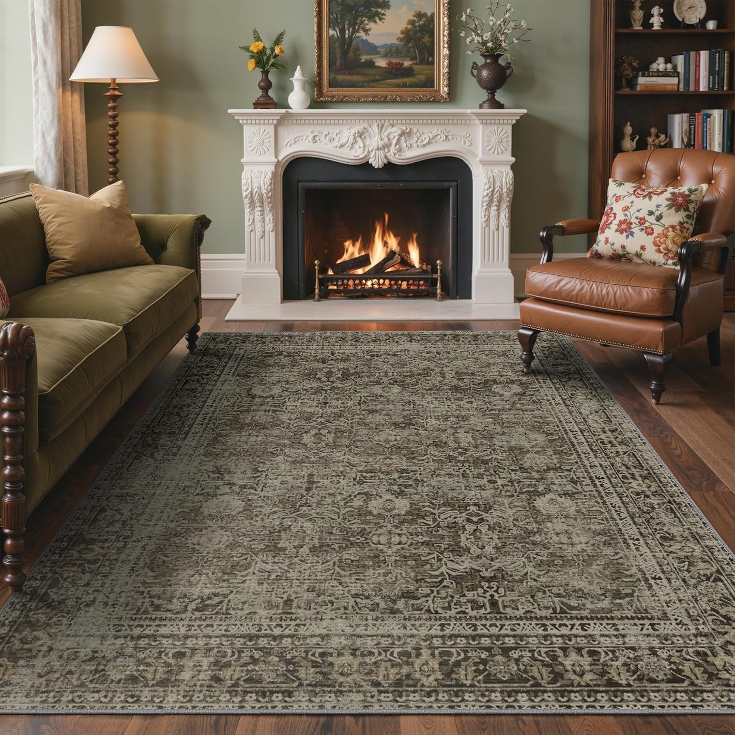 Classic Vintage Design 5×7 Area Rug – Floral Washable Low Pile for Home & Office