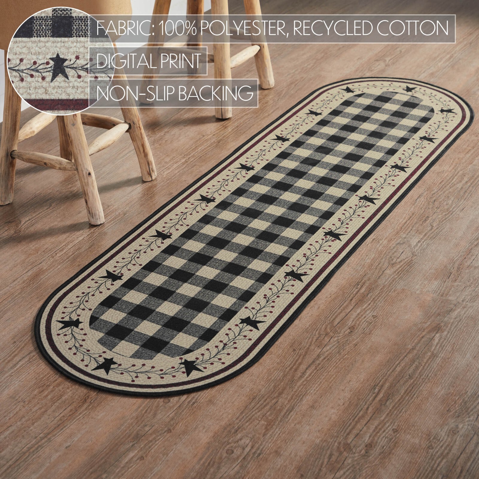 Pip Vinestar Polyester RUG Oval Latex Back 22×78 Country Black Natural Burgundy