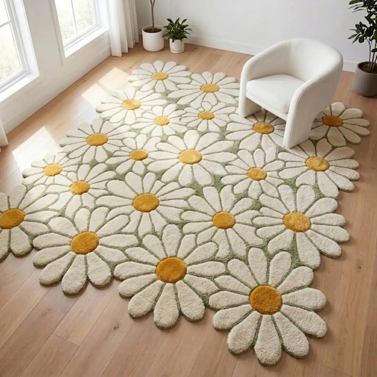 Hand Tufted Daisy Flower Wool Rug- Floral Area Rug Organic Shaped Handmade Rug