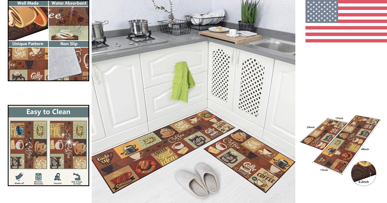 STYLISH Non-Slip Kitchen Mats Set: 17″x48″ & 17″x24″, Easy-Care for Busy Homes