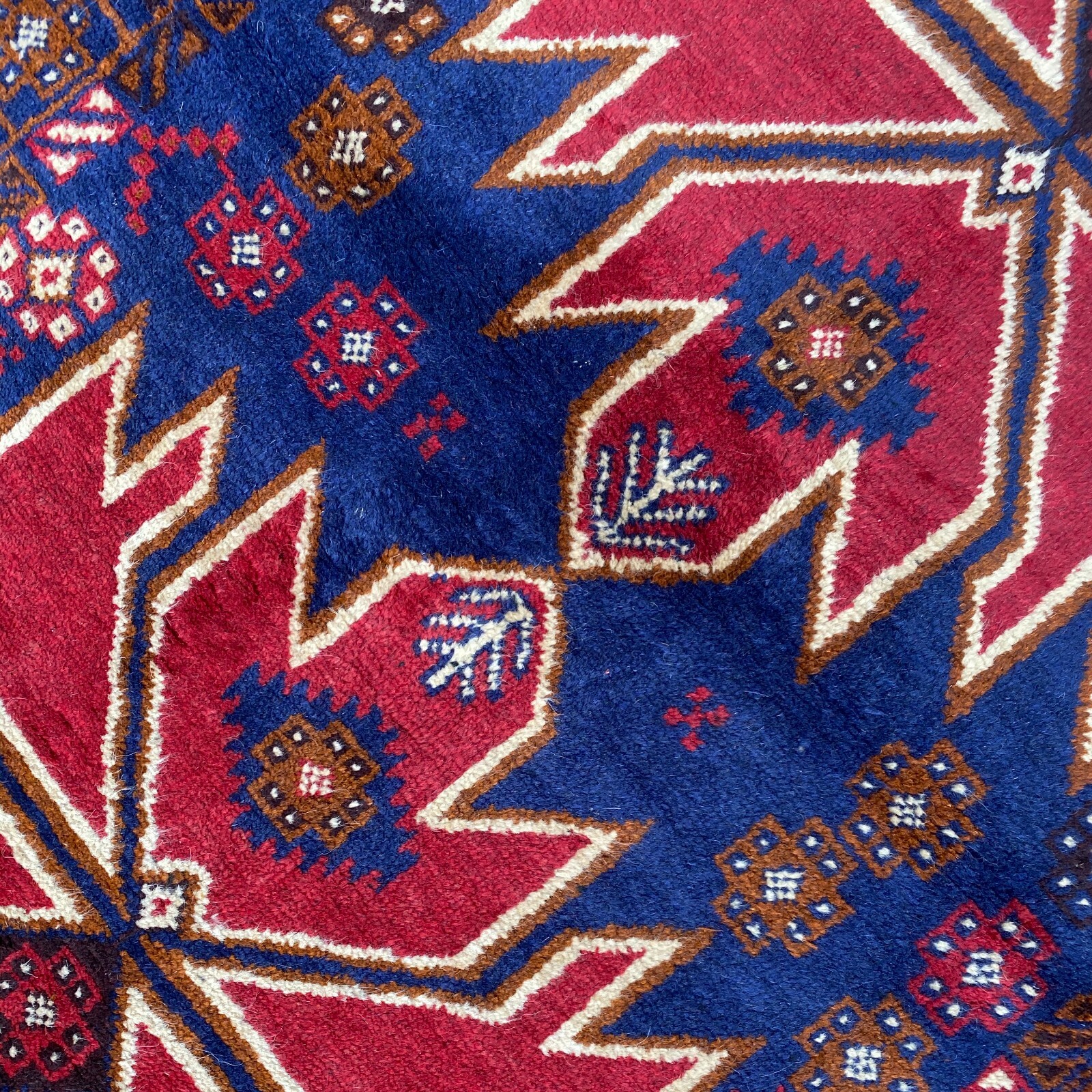 Handmade Afghan Kazakh Rug 100% Camel Hair, Tribal Design, Bright Blue & Red 4×6
