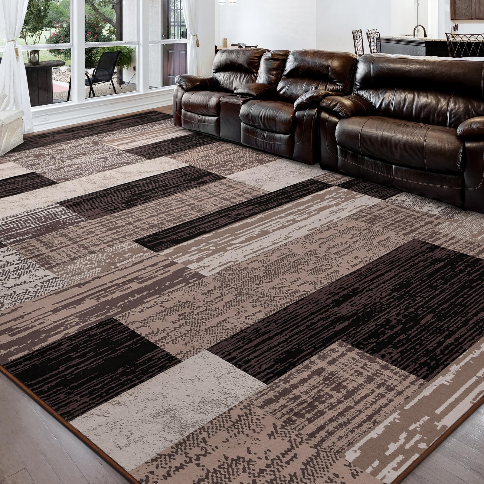 Modern Geometric Patchwork Area Rug, 4×6 Chocolate Large Rugs for Living Room…