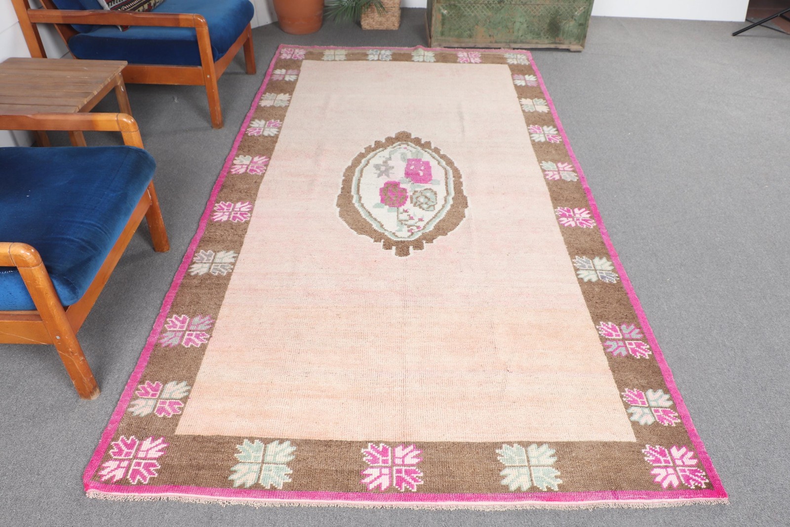 Turkish Oversize Rug 4,9×9,4 ft, Pink Brown Bordered Rug Wool