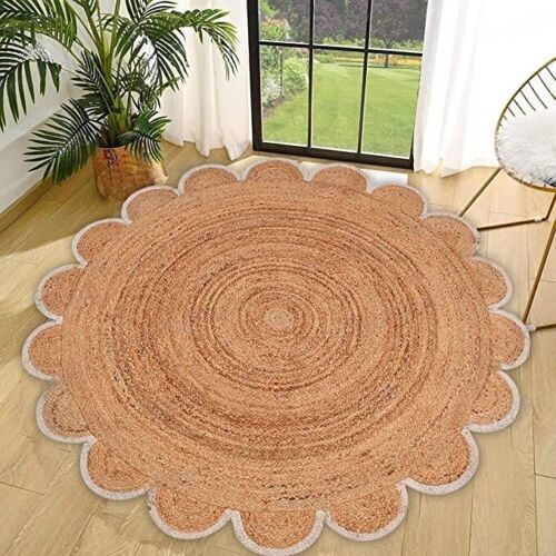 Carpet Rug Scllop Design Round Rug Natural 100% Jute Braided Area Floor Mat