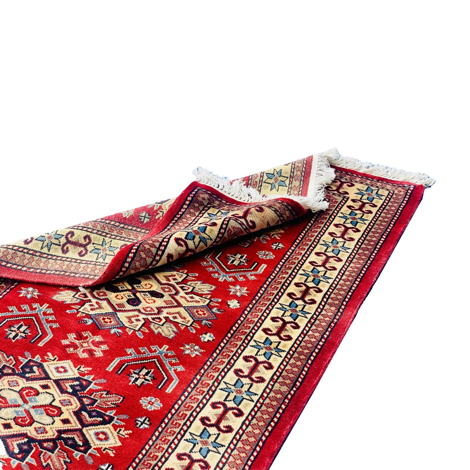 Area Rug Red Kafkazi Geometric Hand Knotted Wool Silk Indoor Carpet (4.0 x 2.7)’