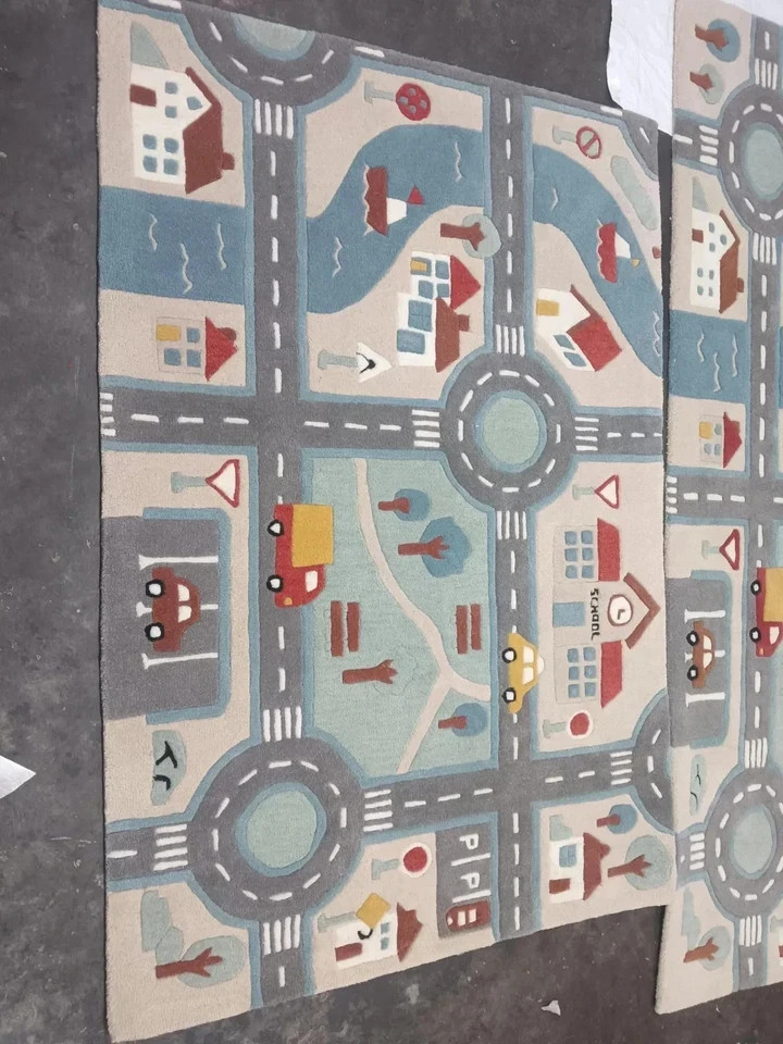 Kids City Road Play Rug | Hand Tufted Wool Playmat | Educational Car Track Rug