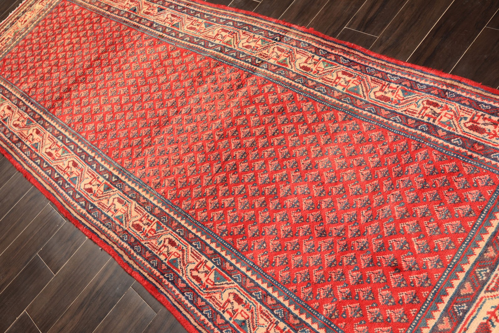 3’8”x10 Runner Hand Knotted Wool Coral Kurdishh Bidjaar Heraati Vintage Rug