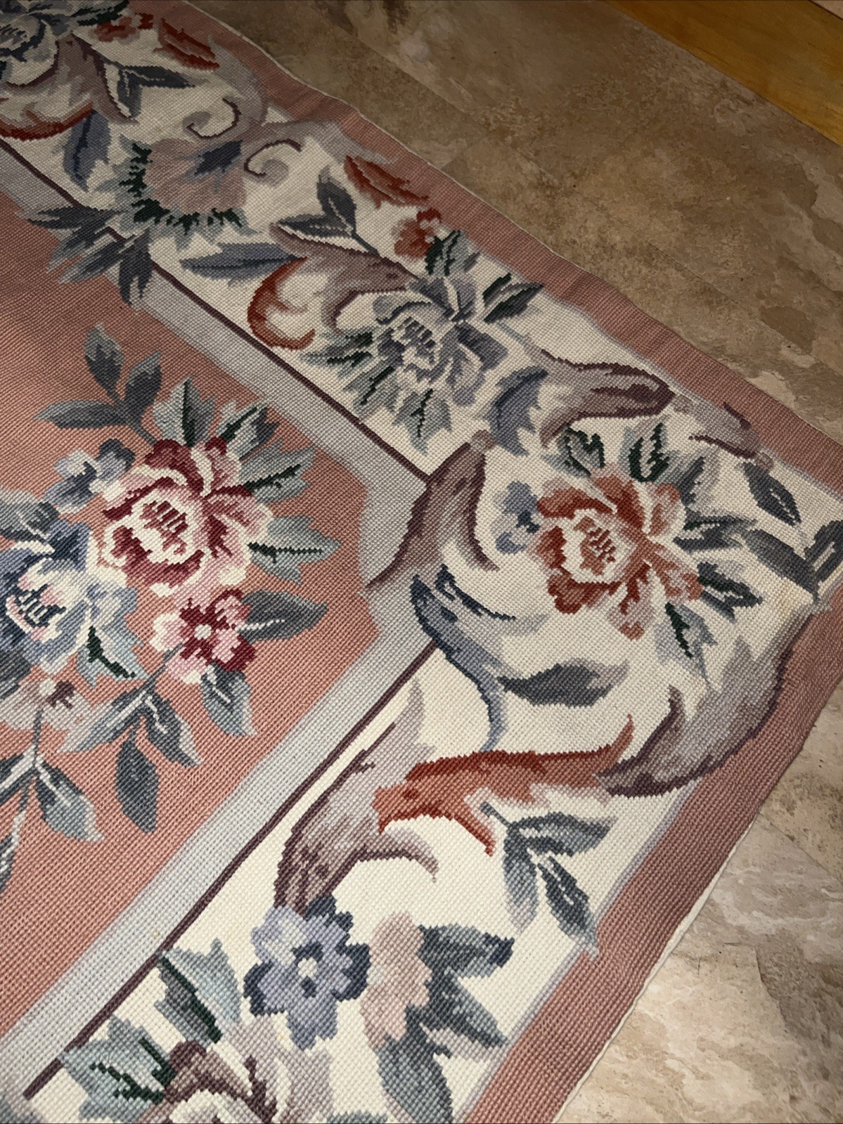 69×45 VTG Antique Needlepoint Rug Pink Floral Coquette Victorian Aubusson