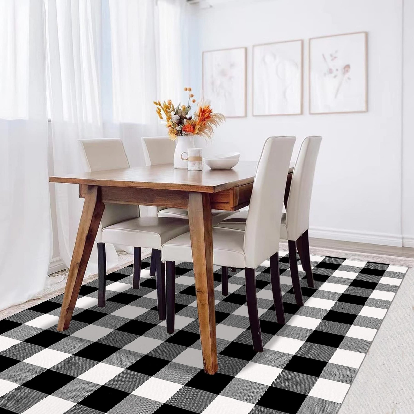 Buffalo Plaid Rug 4′ x 6′ Black and White Large Front Door Mat, Layering Area…