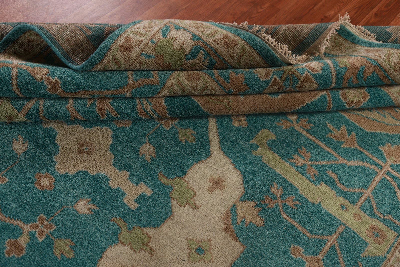 All-Over Oushak Indian Area Rug 9×12 Handmade Wool Teal Green Oriental Carpet