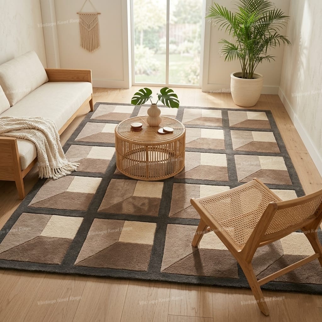 Hand Tufted Wool Area Rug 8×10 Modern Geometric Brown Beige Handmade Rug Carpet