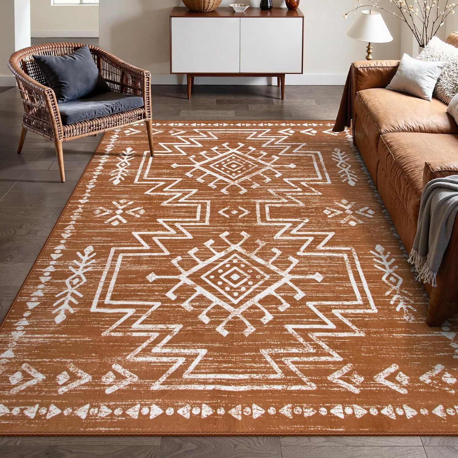 Boho 8X10 Washable Burnt Orange Area Rug for Living Room & Bedroom