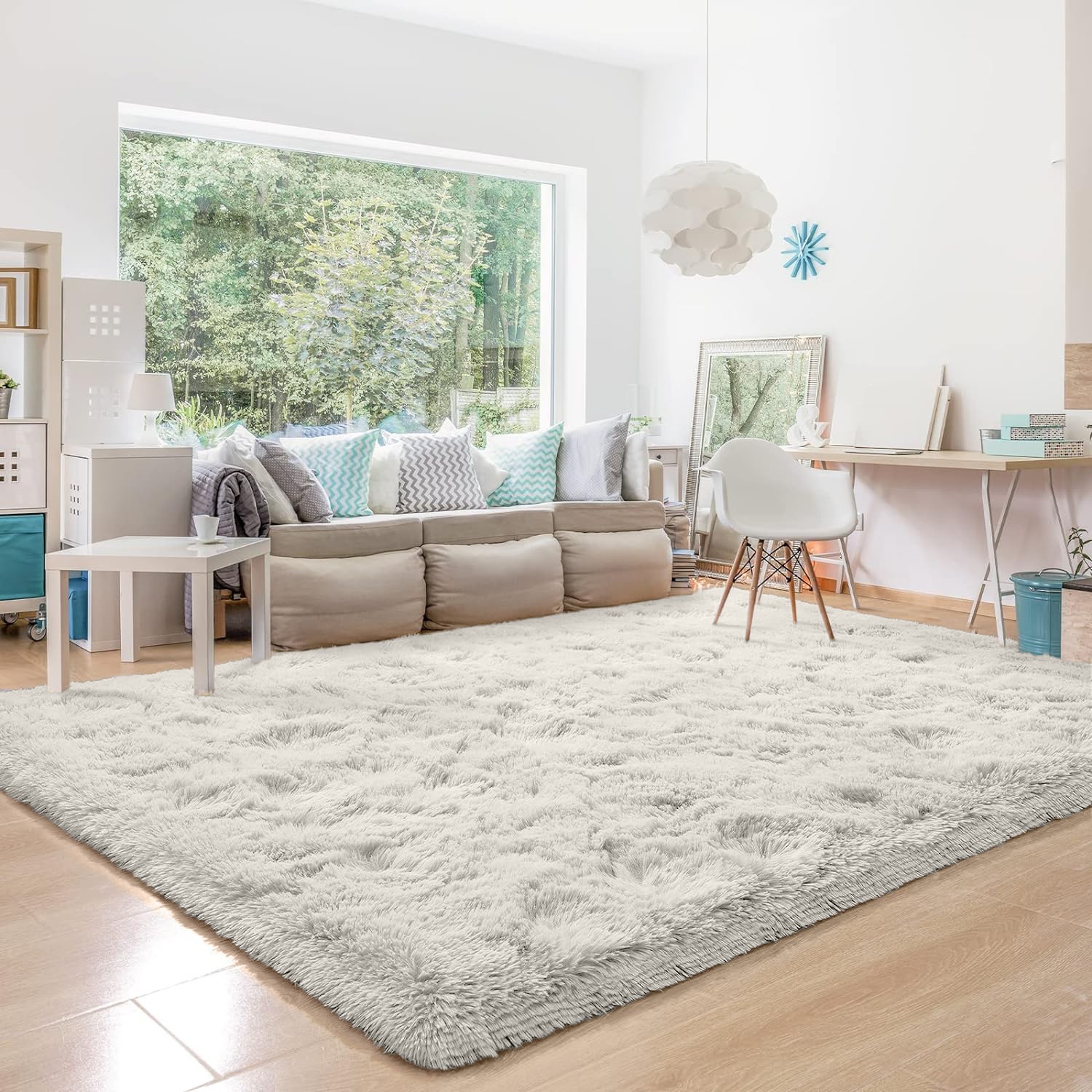 White Shaggy Area Rug – Soft Rug Anti-Slip Faux Fur Carpet for Living Room Mat