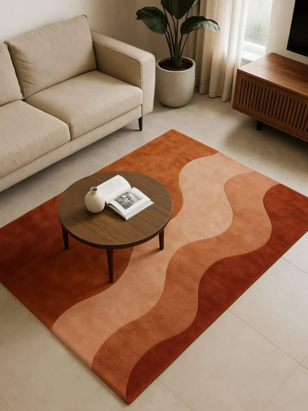 New Modern Wavy Hand-Tufted Wool Rug | Rust & Terracotta Area| Abstract Carpet.