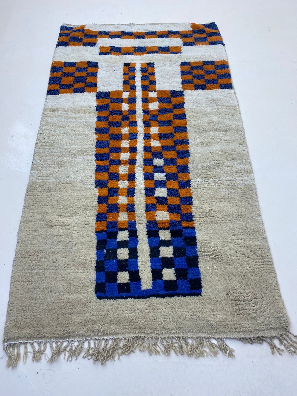 Handmade Moroccan Berber Wool Rug Blue Orange Geometric Tribal Area Carpet Boho