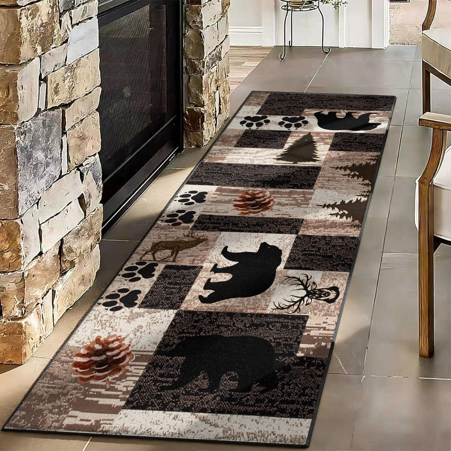 Rustic Lodge Runner Rug,2.6X7Ft,Western Country Bear Elk Deer Wildlife Log