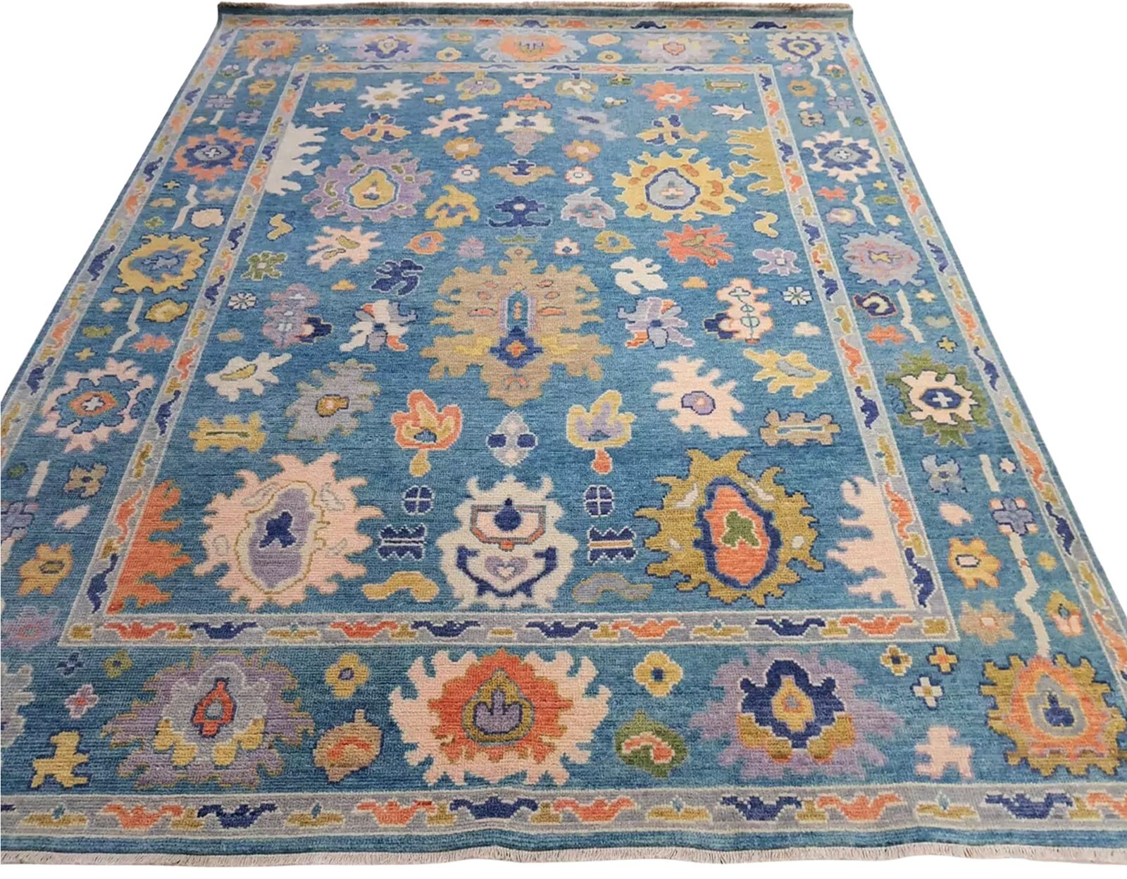 Hand Knotted Turkish Oushak Blue Rug 10×14 Area Floral Wool Rugs for Living Room