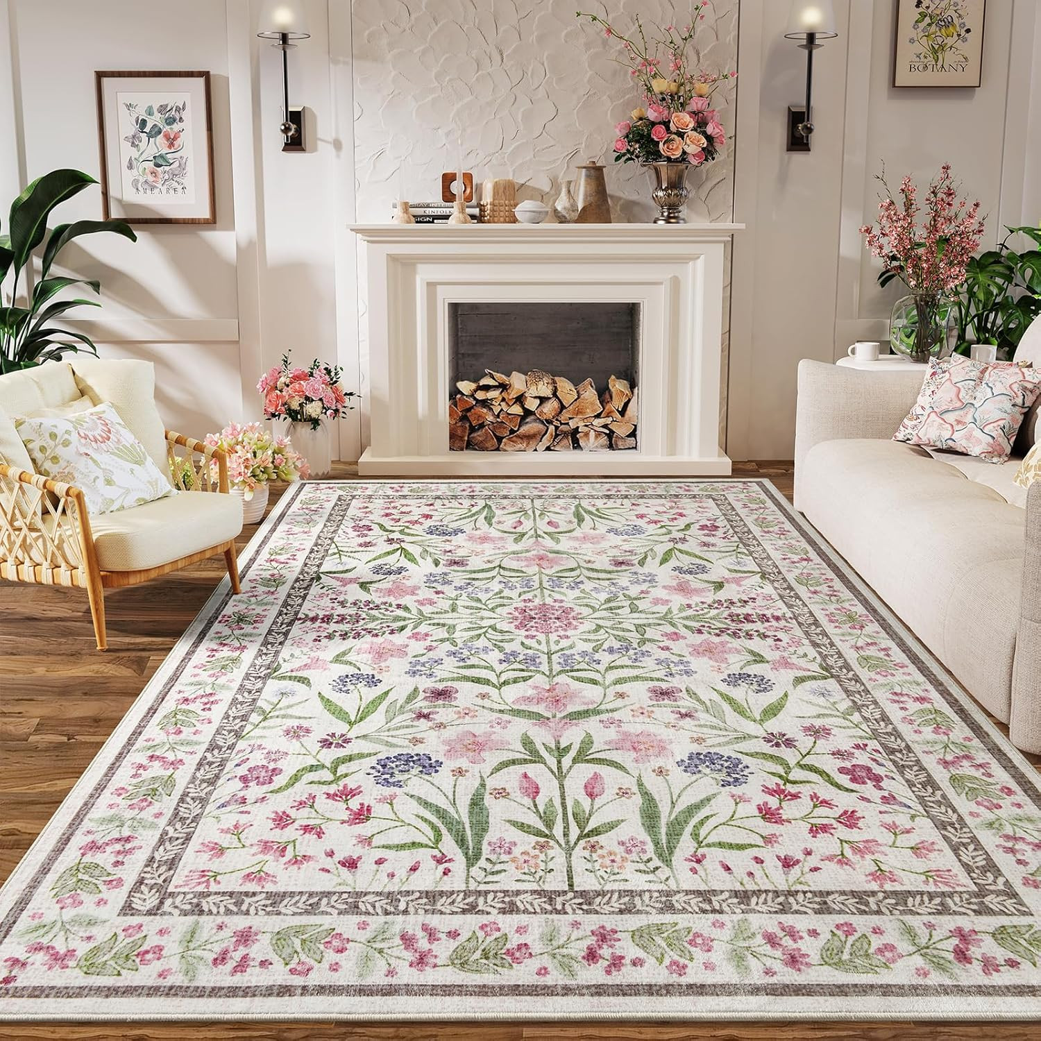 6X9 Pink Rugs for Bedroom Girls, Floral Area Rugs for Living Room | Vintage Low