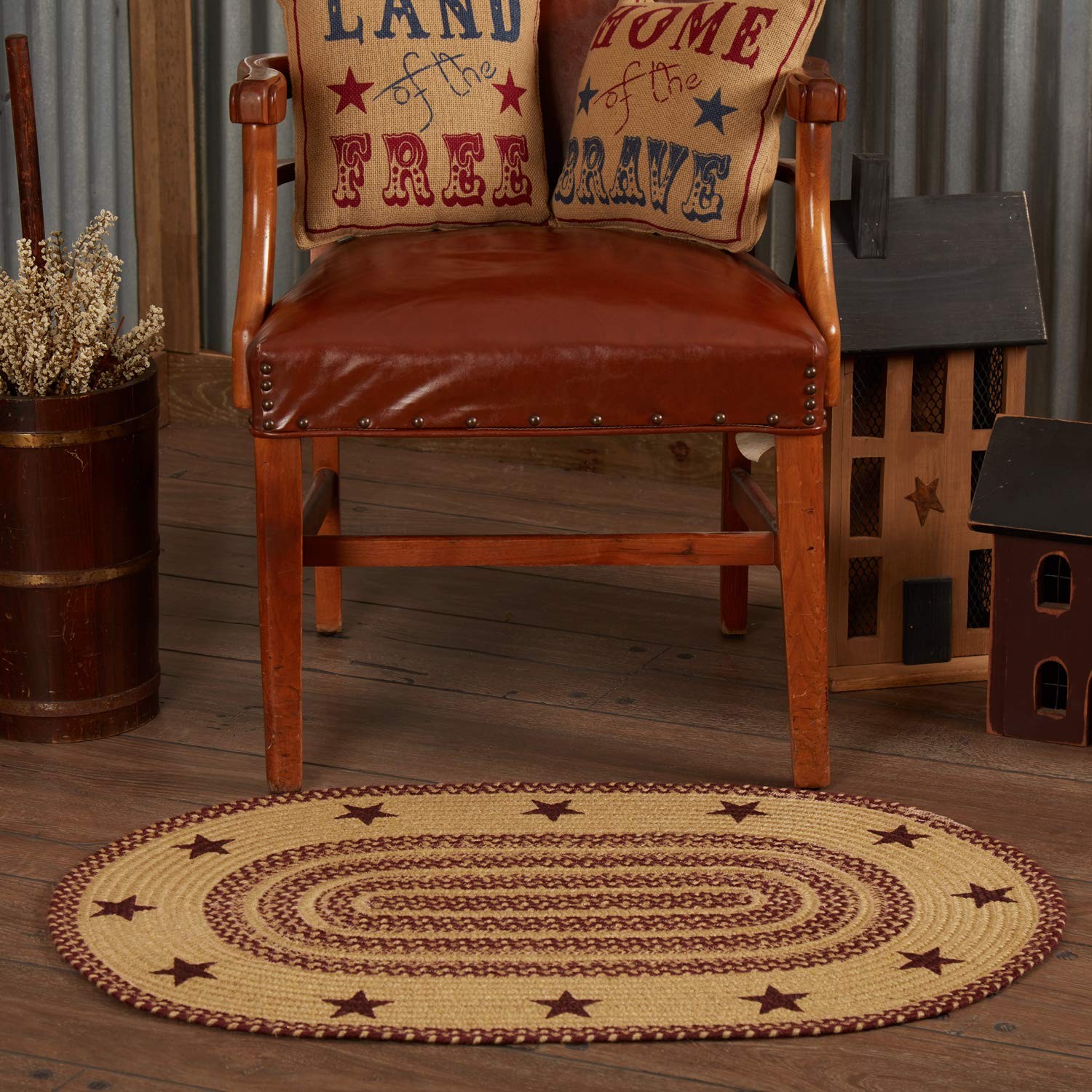 Burgundy Tan Jute Rug Oval Stencil Stars w/Pad 24×36
