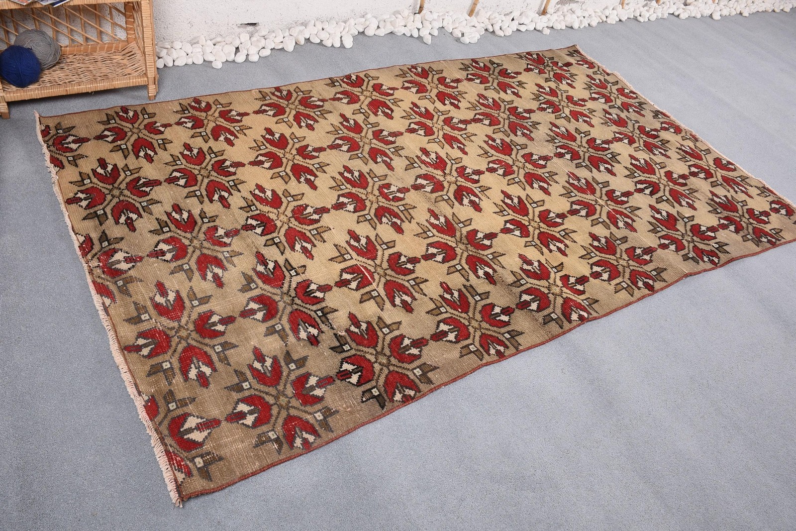 4,6×7,9 ft Turkish Rug, Vintage Area Rug, Beige Red Bordered Wool Rug