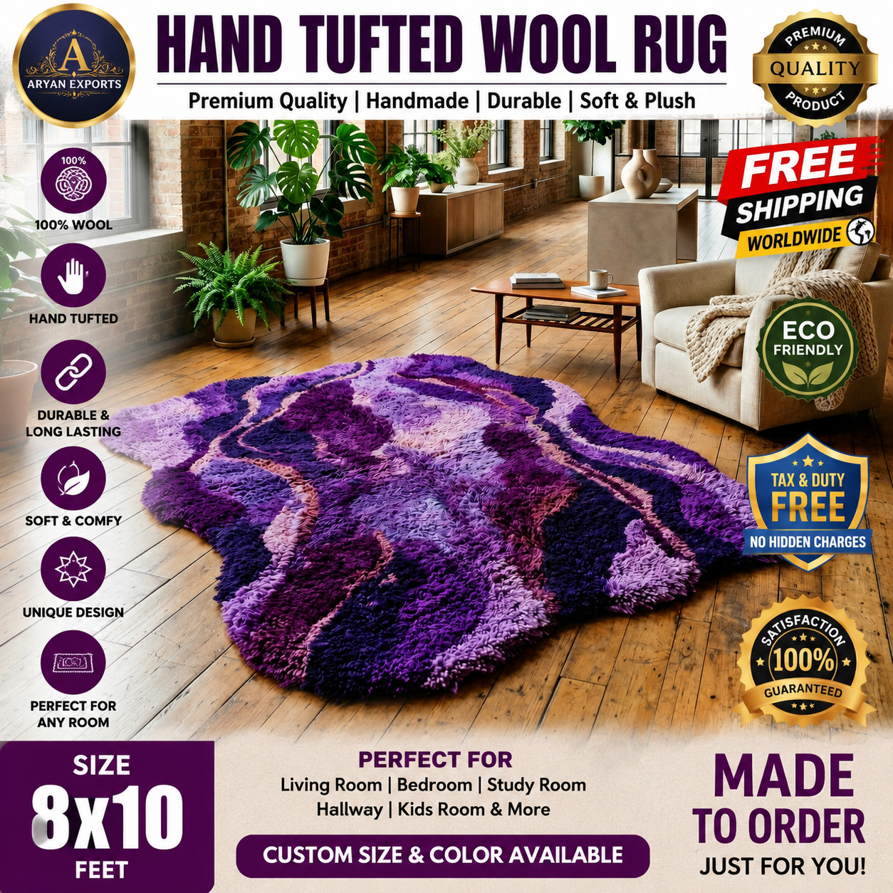 8×10 Hand Tufted Wool Area Rug Purple Abstract Handmade Living Room Carpet
