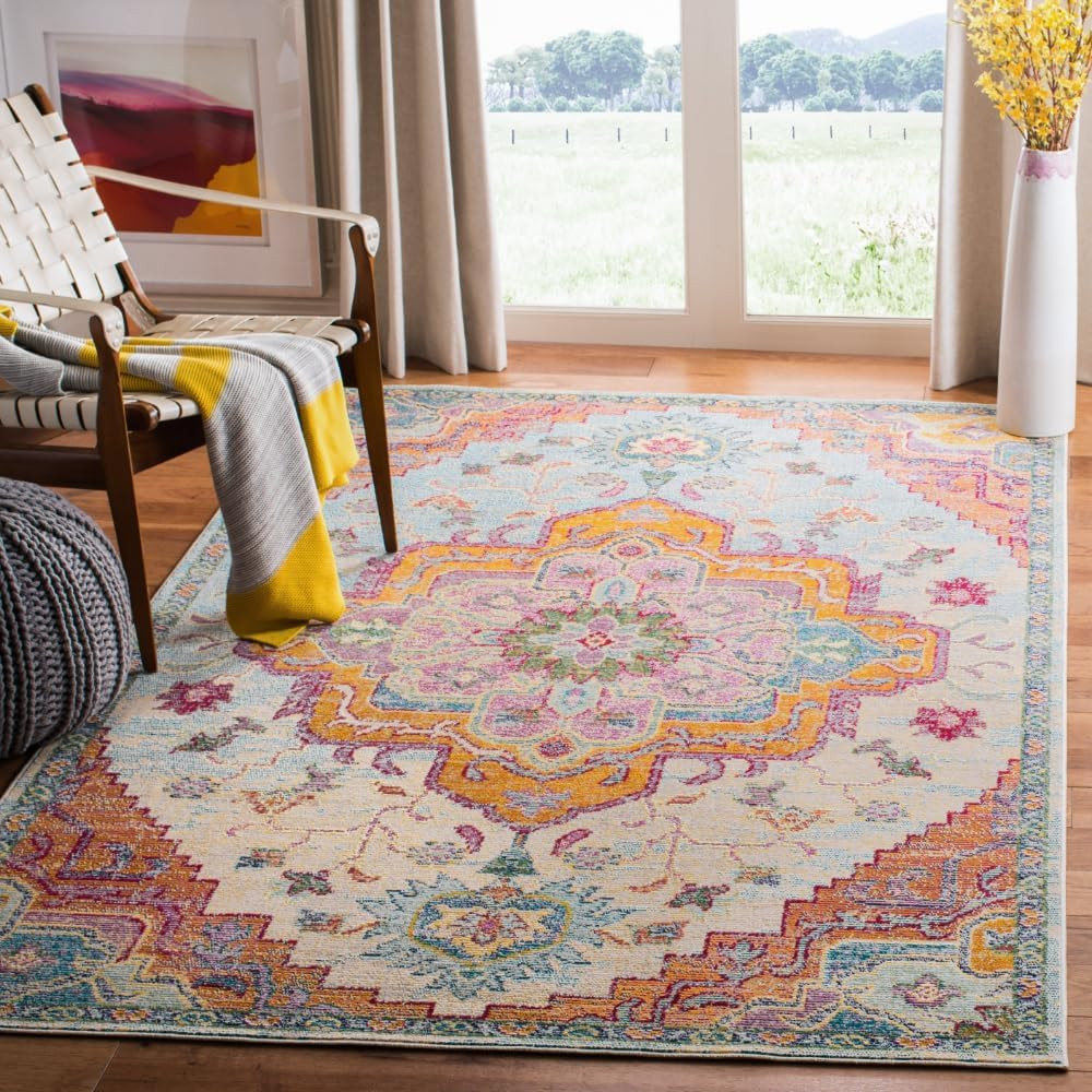 Crystal Medallion Area Rug 6’7″ X 9’2″ Light Blue & Fuchsia