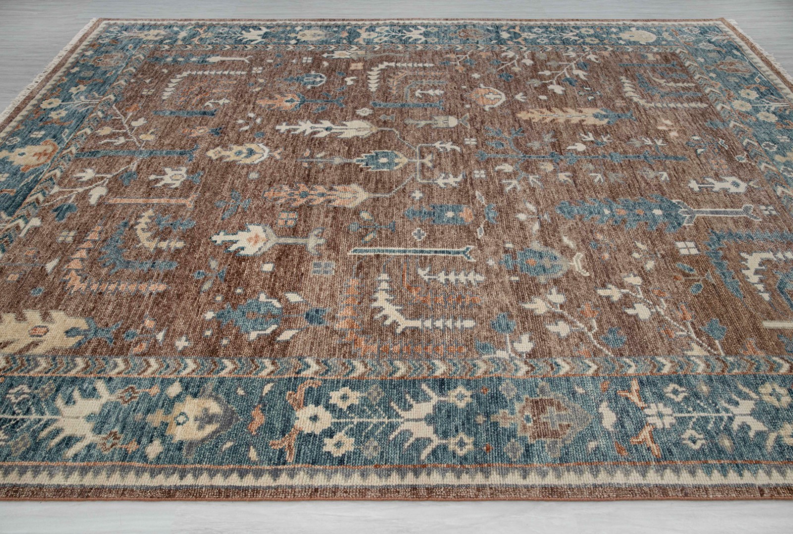 9×12 Brown Blue Cypress Tree Design Hand Knotted Soft Wool Persiann Oushak Rug