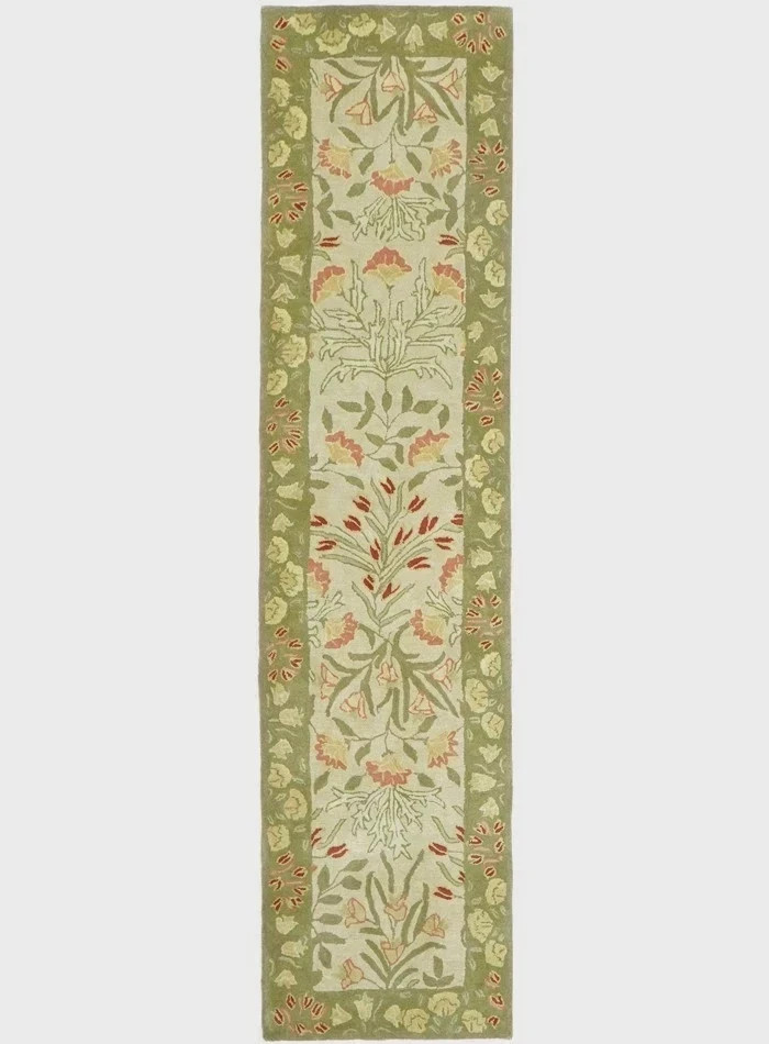 Vintage William Morris Style Wool Rug – Sage Green Floral Botanical Hand-Tufted