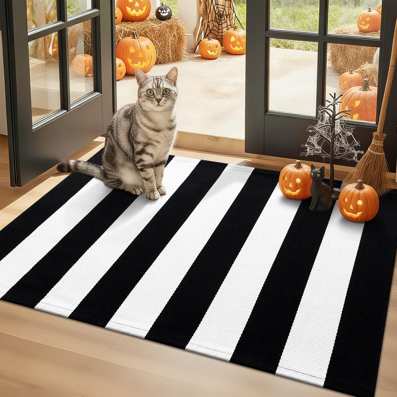 Black and White Striped Rug 2’4″ x 3’7″ (27.5″ x 43″) – Washable Cotton Indoo…