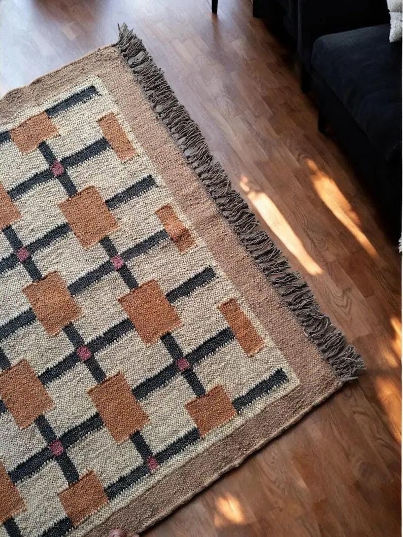 Handwoven Wool Jute Kilim Rug: Bohemian Flatweave Dhurrie 5×8 ft, Custom Size