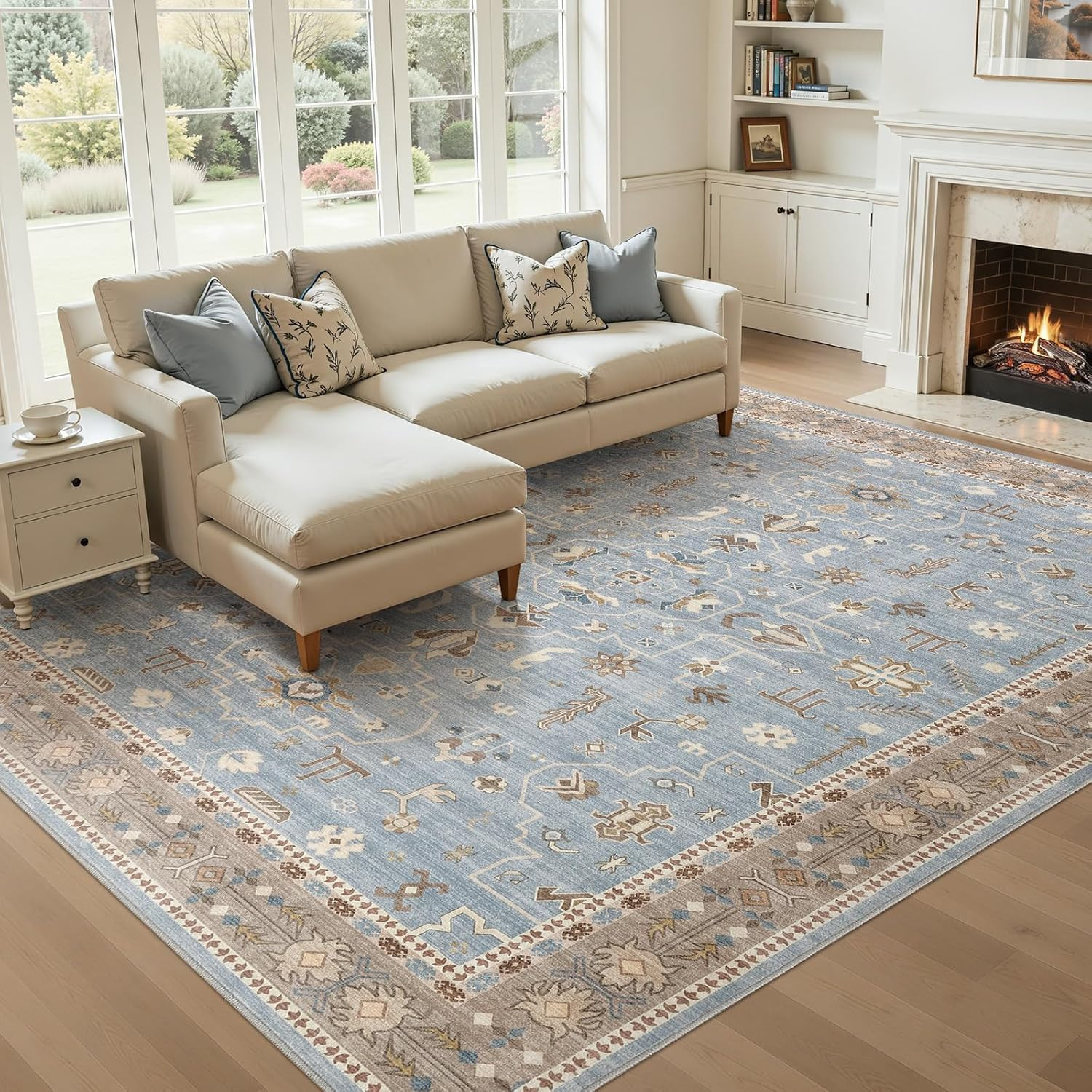 Vintage Blue & Brown 9×12 Area Rug – Washable Non-Slip Soft Carpet