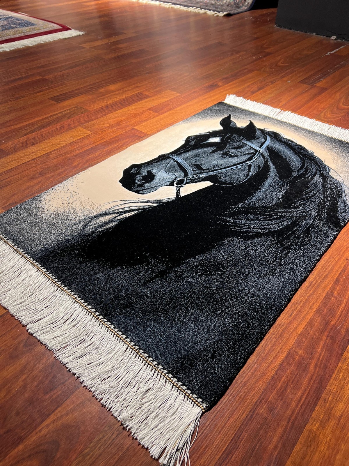 2×3 ft Horse Portrait Tapestry, Black Horse Wall Decor Silk Rug, Table Mat