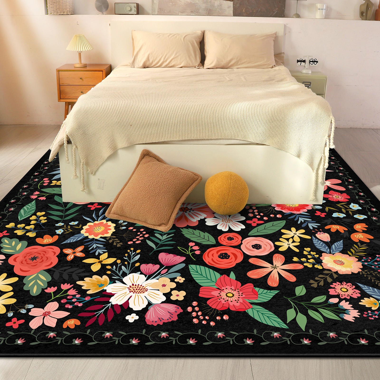 5x7FT Washable Area Rug, Non-Slip Modern Floral Carpet, Living Room Floor Mat
