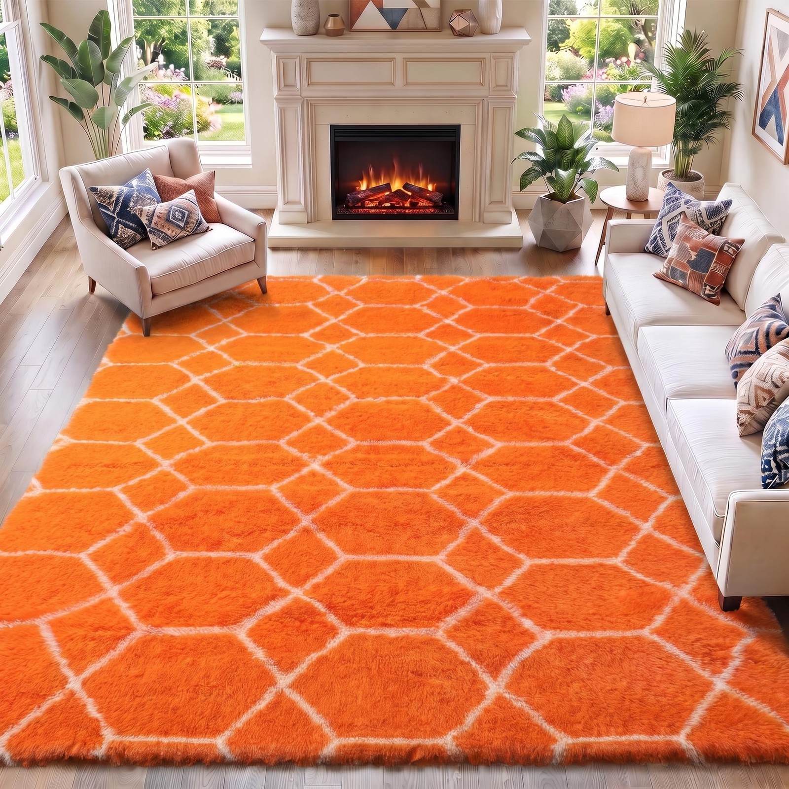 Area Rugs for Living Room, 5×8 Fluffy Orange and White Bedroom Trellis Rug