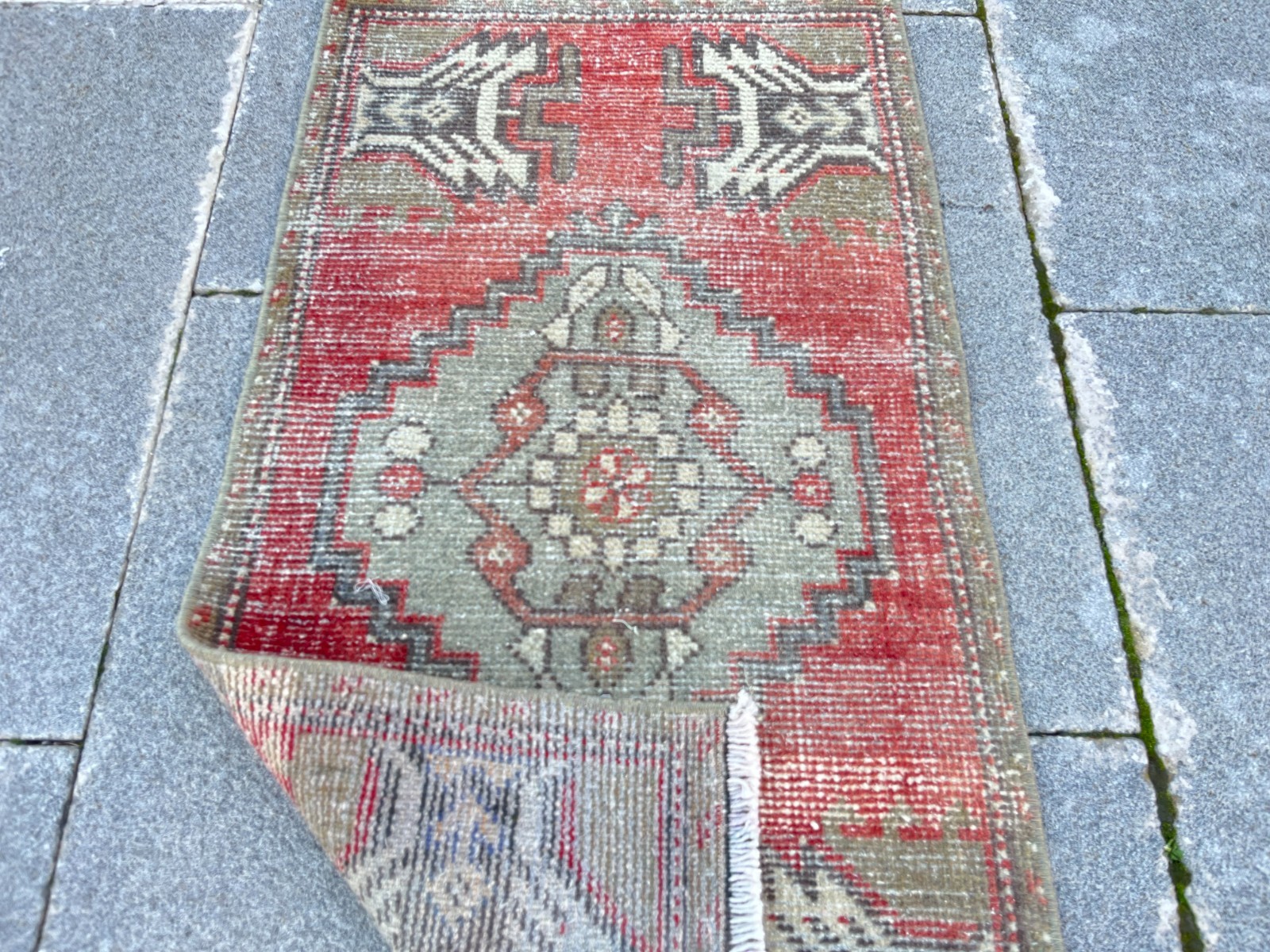 Vintage Turkish Rug 1.5×3.1 ft Red Sage Anatolian Wool Runner