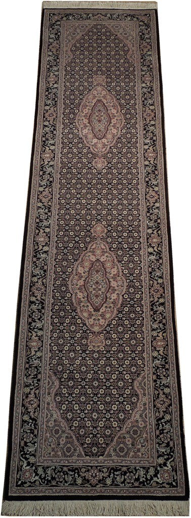 3′ x 10′ Black Tabriiz Wool & Silk Fine Quality Runner Rug 19009