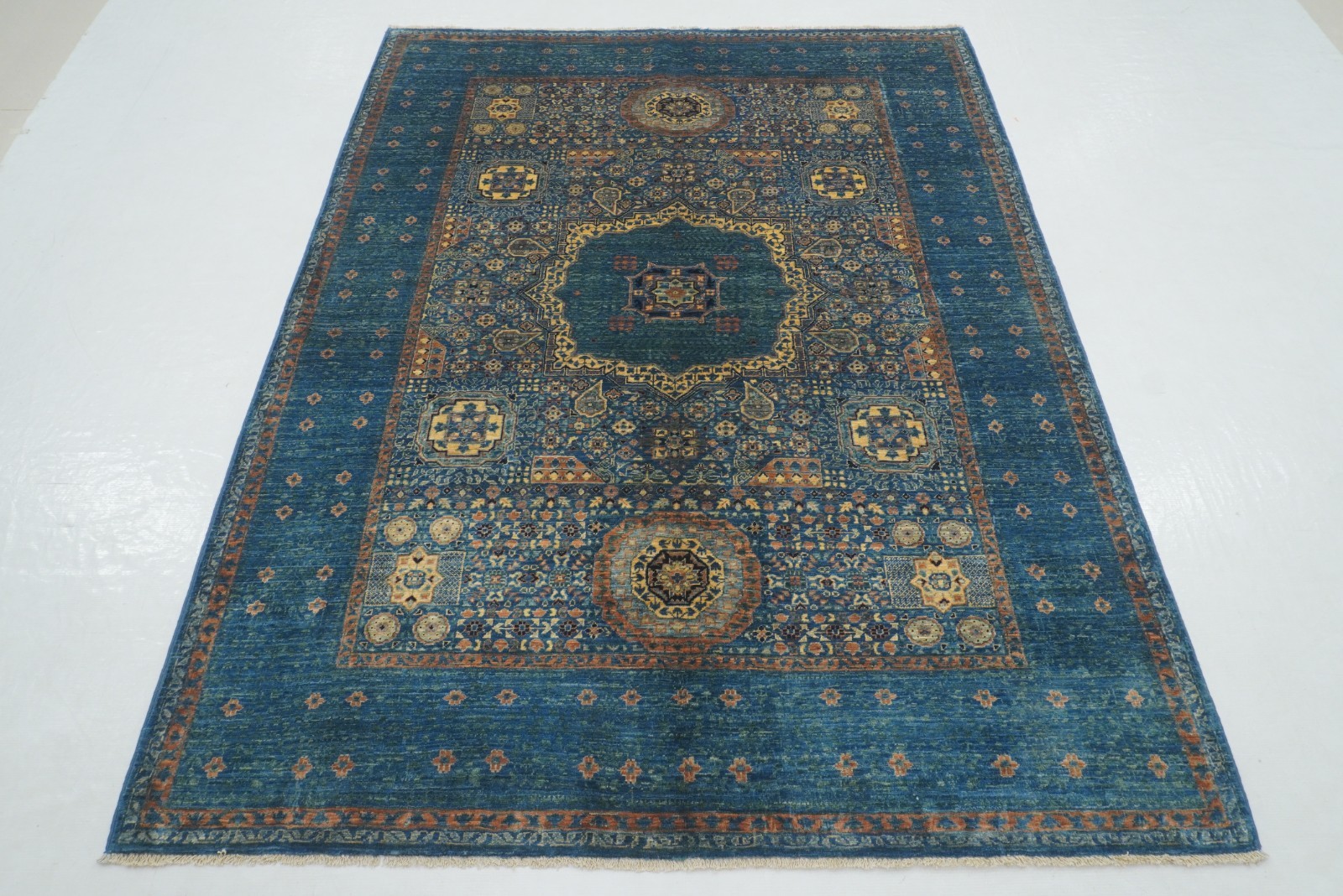 4’10″x6’4″ Blue Mamluk Afghan Hand Knotted Wool Medallion Rug