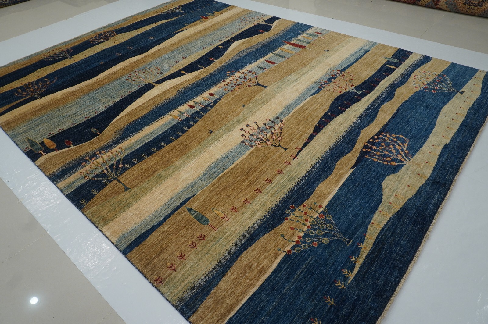 9 x 12 ft Navy Blue Beige Landscape Gabbeh Tribal Afghan Hand Knotted Area Rug