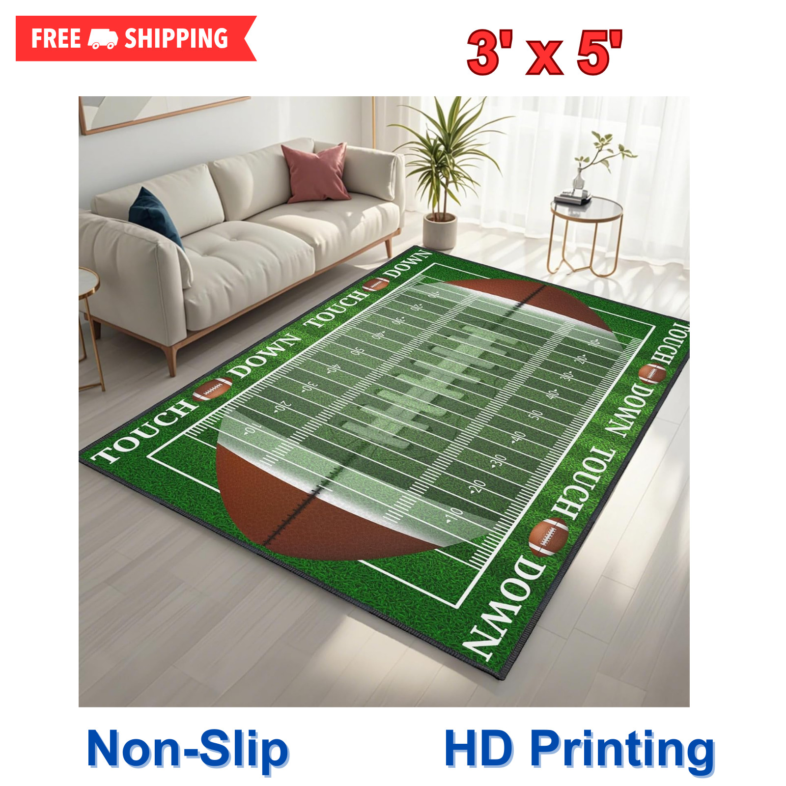 Football Rug For Boys Bedroom, 3’x5′ Non-Slip Football Field Rugs, Sports Rug