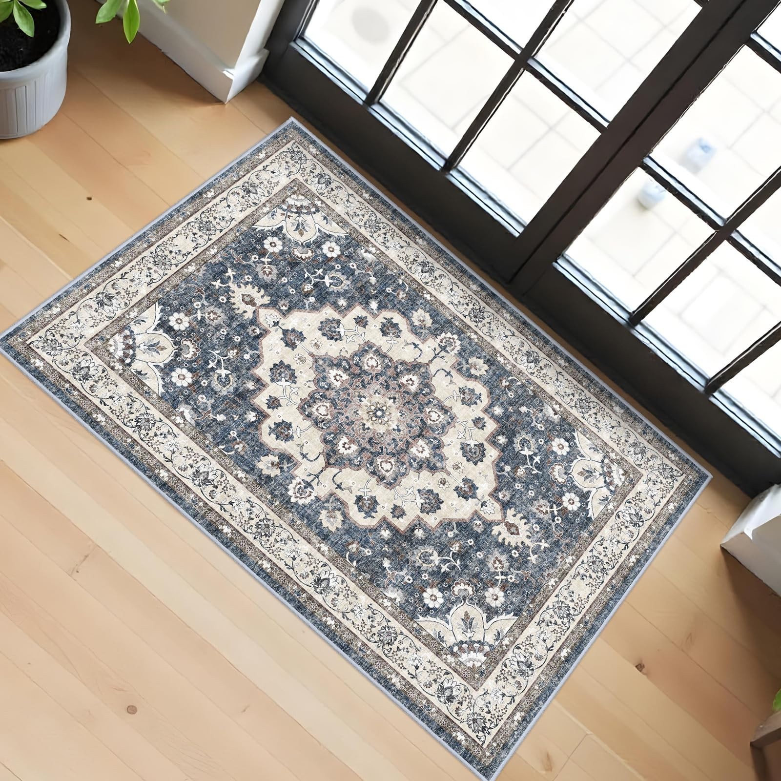 2×3 Vintage Washable Area Rug – Non-Slip, Water-Resistant Carpet for Entryway, K