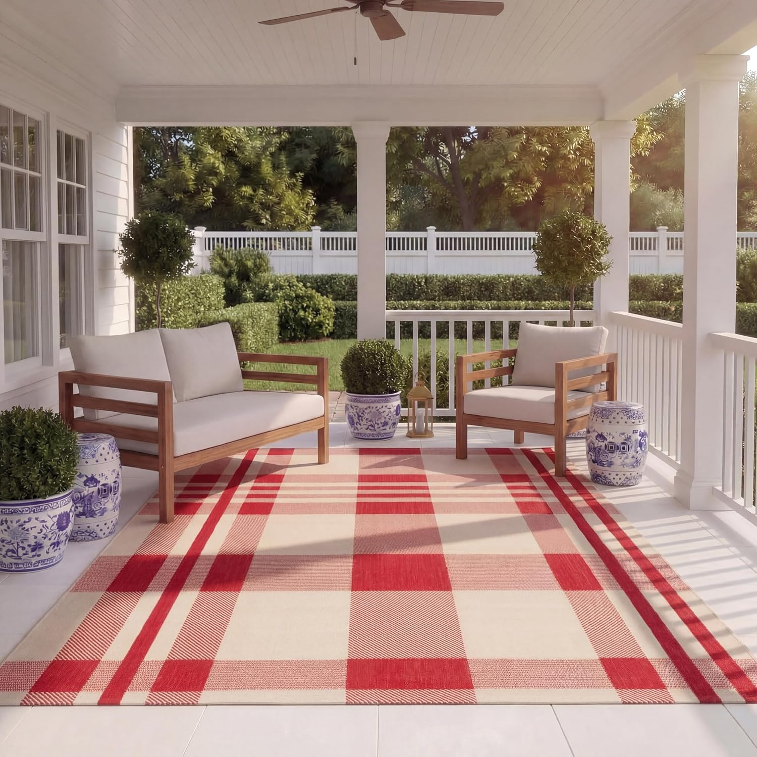 Stylish 8′ x 10′ Red/Bone Plaid Indoor/Outdoor Area Rug for Patio & Mudroom