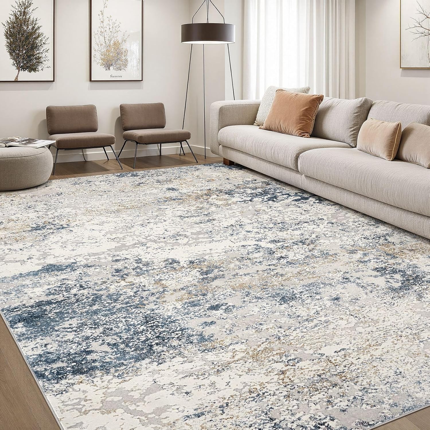 Area Rug Living Room Rugs – 7×9 Large Soft Indoor Neutral Modern Abstract Low
