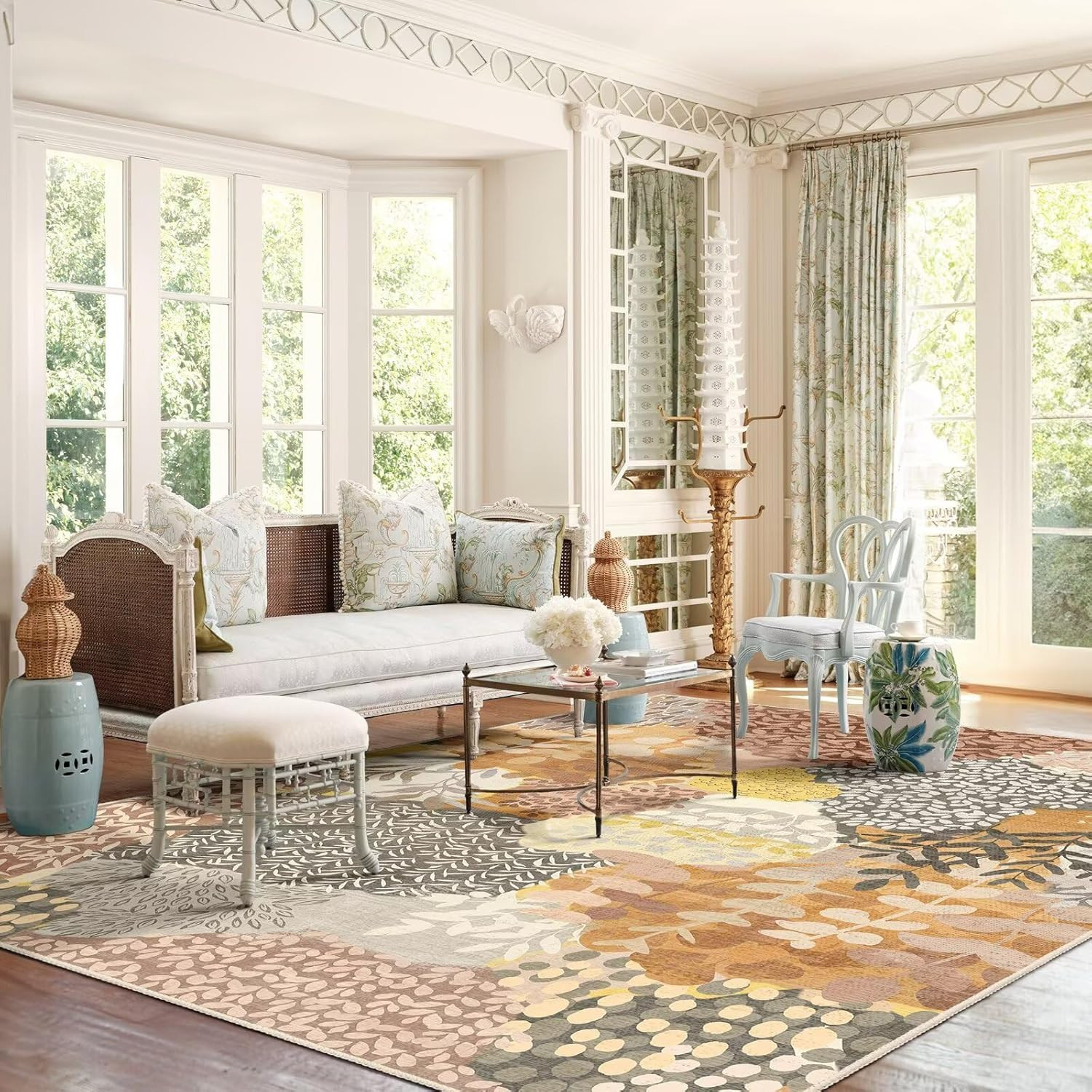 Washable Non-Slip 5X7 Boho Area Rug with Floral Leaves Print for Home & Office