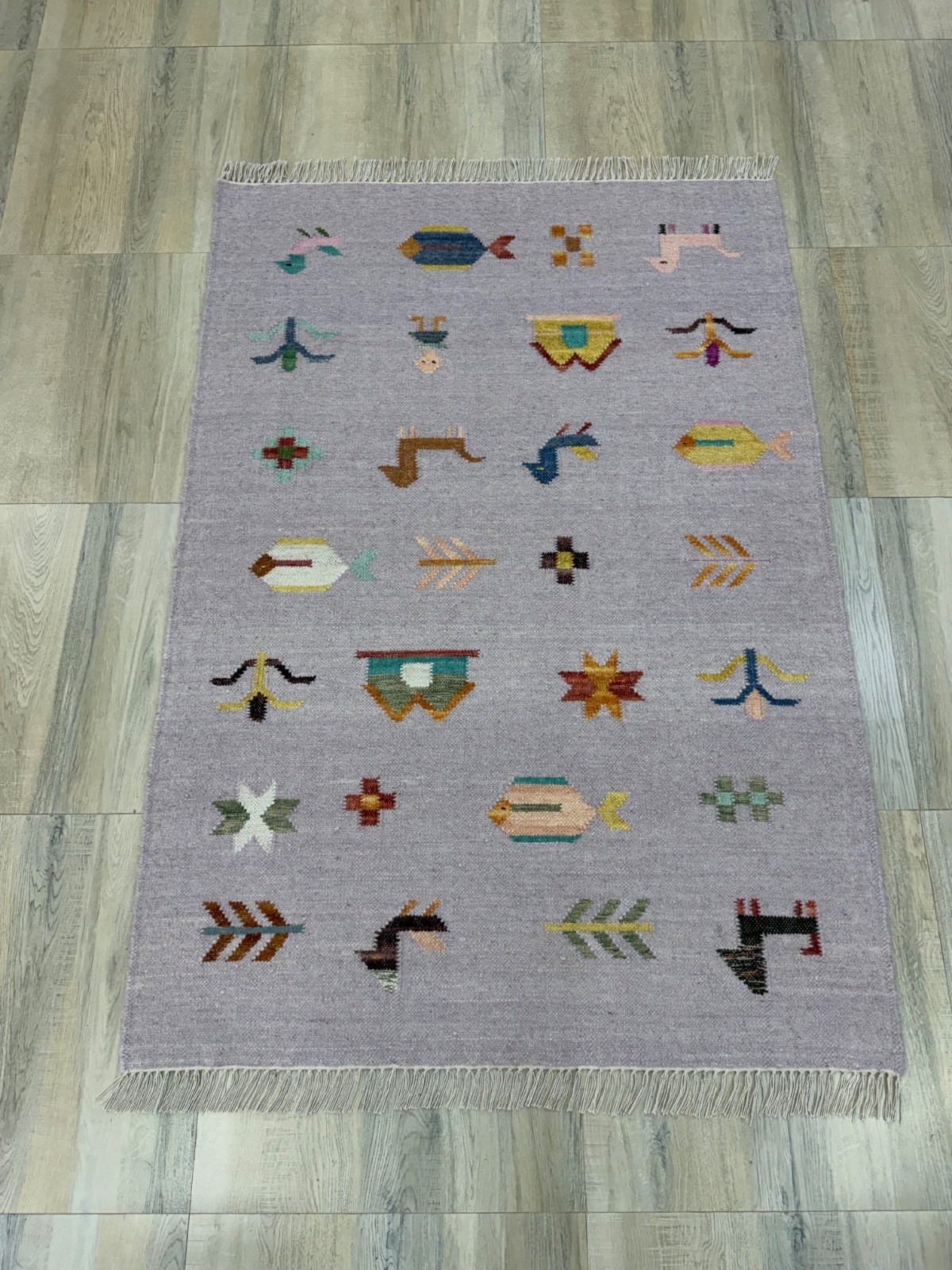 Hand Woven Wool Rug 4×6 Soft Purple Flatweave Scandinavian Folk Art Kilim Carpet