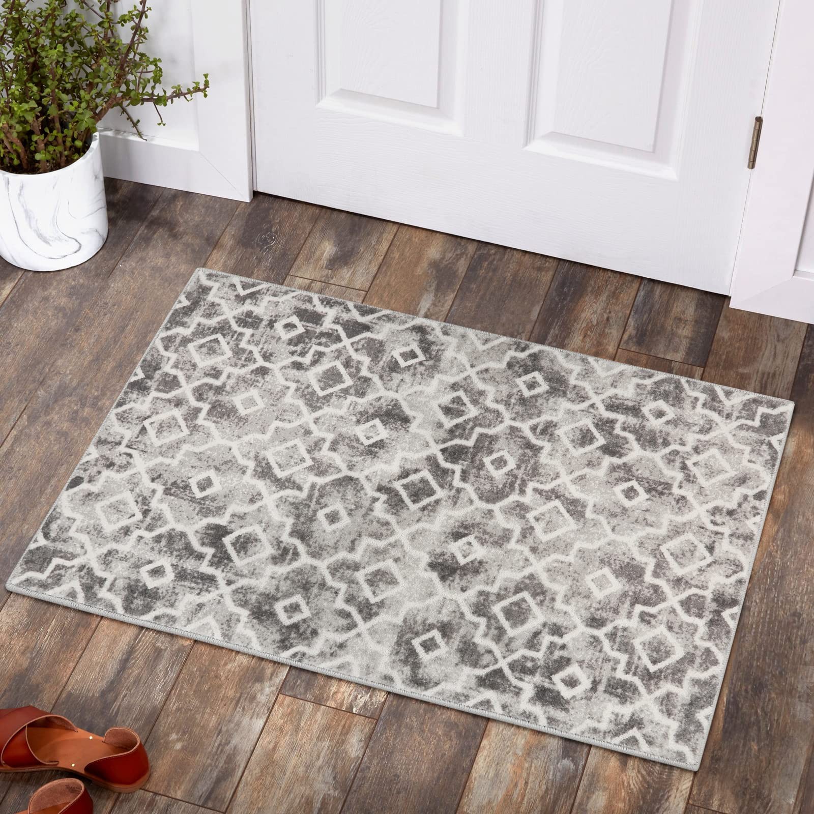 2×3 Grey Moroccan Washable Area Rug Non Slip Small Entryway Kitchen Mat