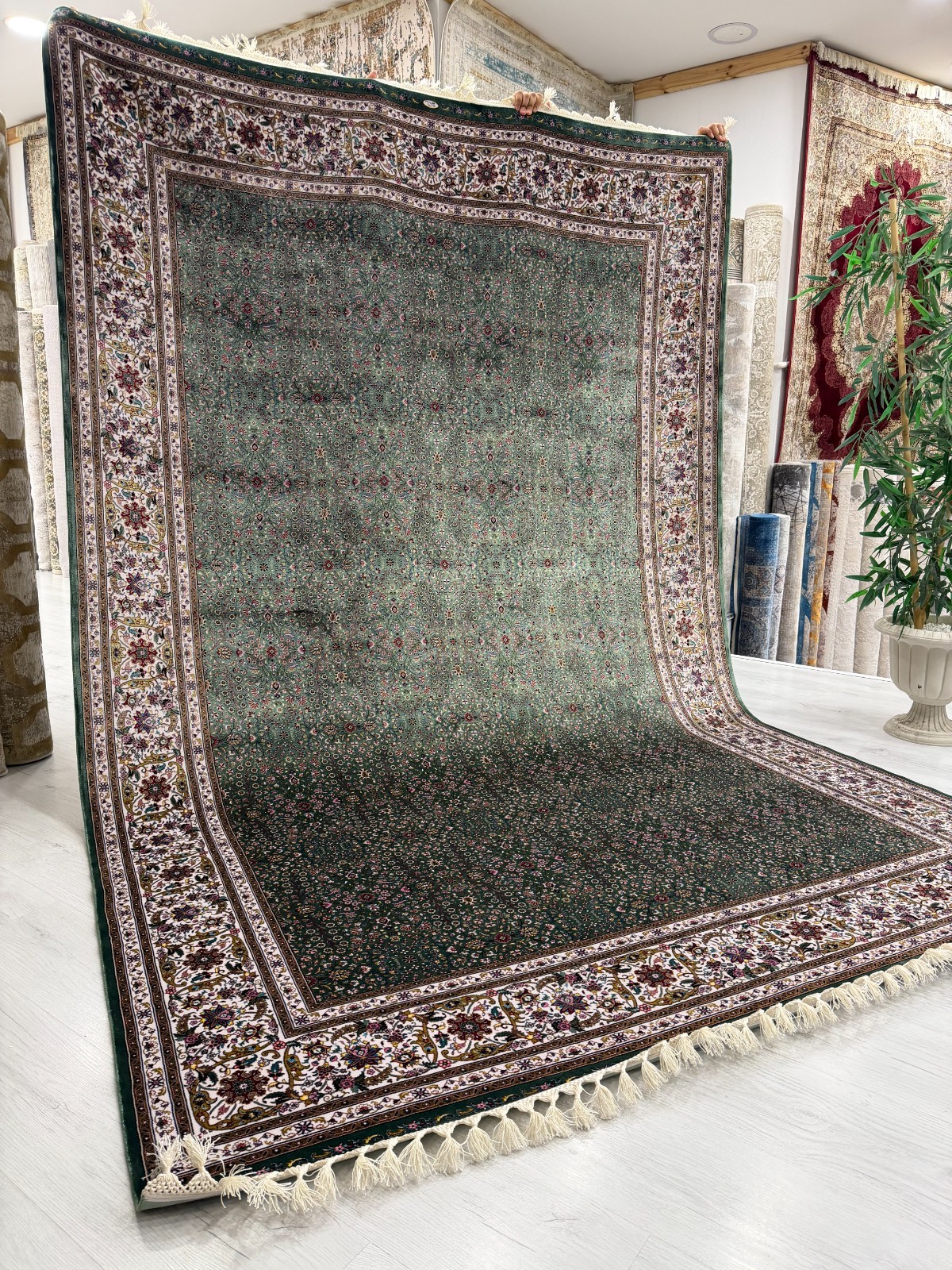 Turkish Silk Rug Green Oriental Floral Area Rug 5×8 7×10 8×11 10×14 ft