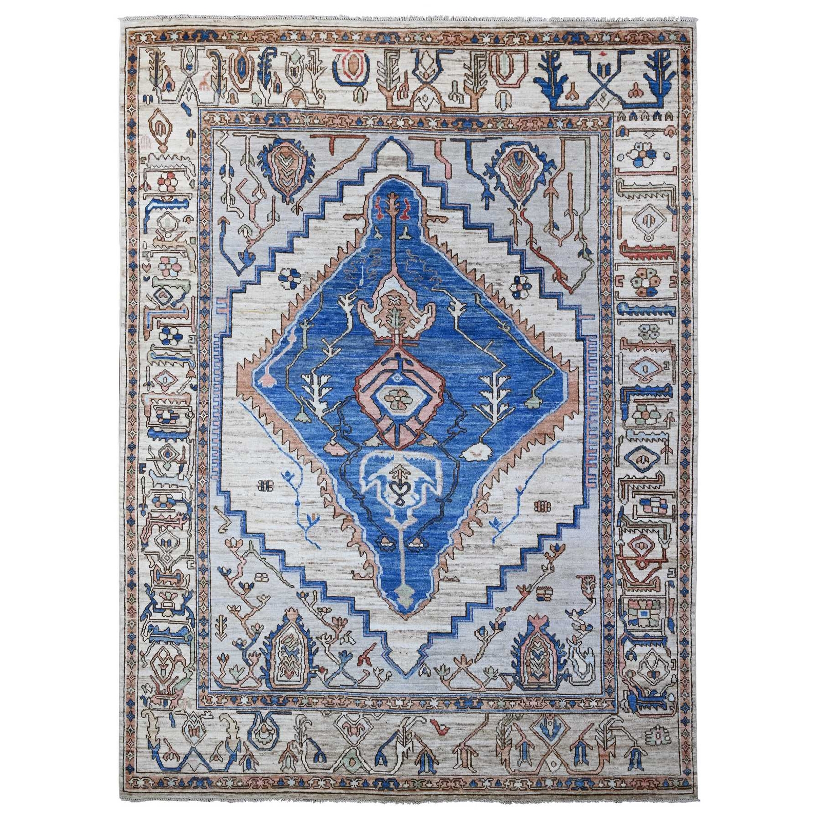 8’10″x11’9″ Chrome Gray Turkish Village Motifs Hand Knotted Oriental Rug R89151